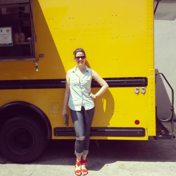 Food trucks and fashion on Hurray Kimmay - Denim on denim with red suede shoes 