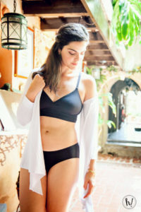 Kimmay wearing peach bralette cardigan and panty in Puerto Rico