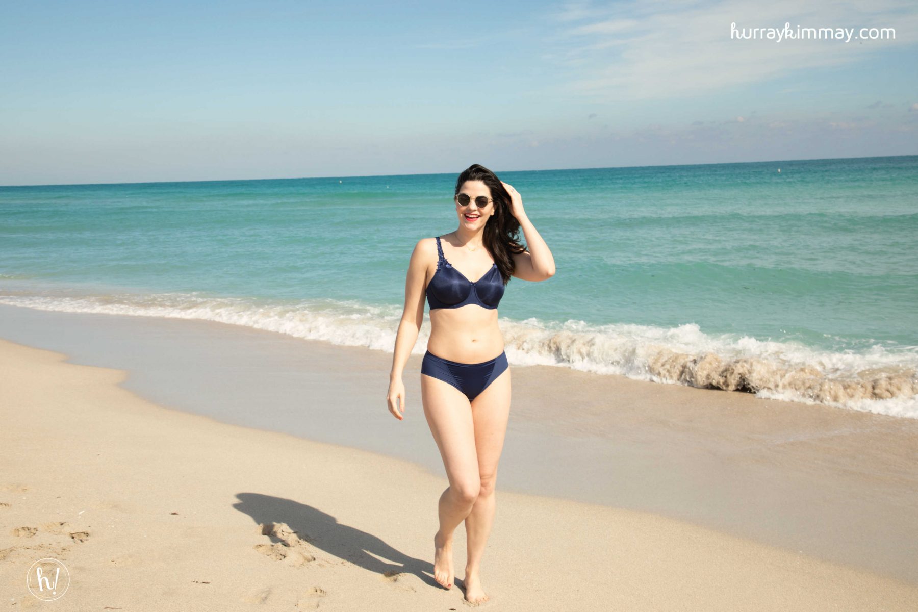 Kimmay walking the beach wearing the Mystique Underwire Bra from Dominique #HurrayVacay in Miami!